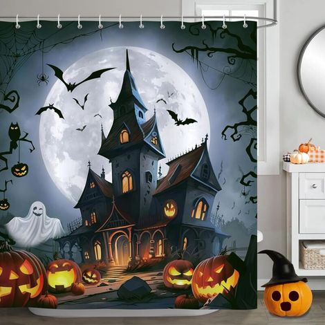 Halloween Shower Curtain Pumpkin Ghost Castle Bath Curtain Polyester Fabric Anti-Mold Waterproof Washable Bathroom Curtains 180 x 180 cm with 12 Hooks for Bathtub (1/5)