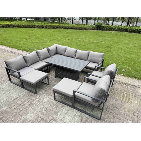 Fimous 11 Seater Aluminium Sofa Set 10 Pieces Outdoor Garden Furniture - Rising Dining Table with Cushions 2 Big Footstools 2 Chair Footstool Dark Grey (1/5)