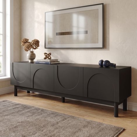 Meuble TV 169cm Banc TV avec 4 Portes Ondulées et Étagères de Rangement en Bois Style Moderne Noir (1/5)