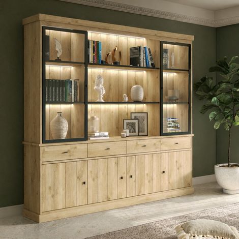 Vaisselier 4 portes vitrées en bois – Style moderne – Pour salle à manger contemporaine – Étagères en verre – Dimensions optimisées (1/5)