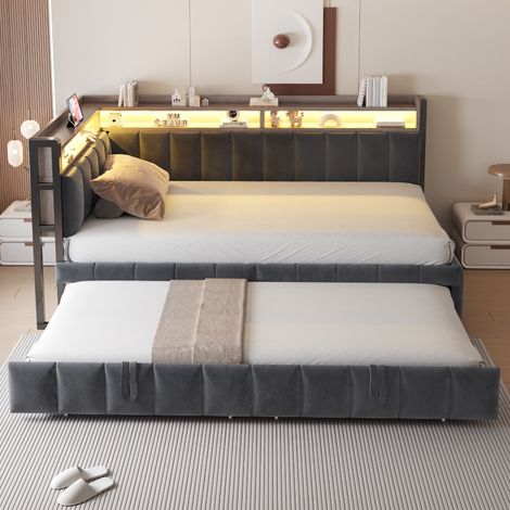 Polsterbett Schlafsofa 90x200 cm mit Ausziehbett und Stauraum, Multifunktionales Tagesbett aus Samt mit LED-Beleuchtung & USB, Dunkelgrau (1/5)