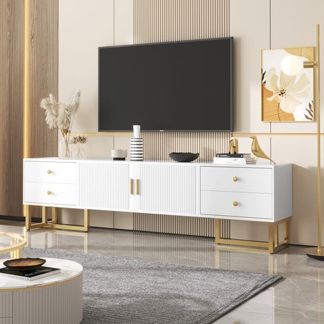 Armoire TV,panneau bas avec porte texturée,meuble TV avec tiroirs,poignées dorées et pieds dorés-Mi