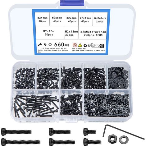 Juego de 660 piezas de tornillos M2 con tuercas y arandelas, pernos M2, pernos y tuercas hexagonales, tornillos de cabeza hueca, kit surtido de tornillos con tuercas y arandelas para motocicletas, aut