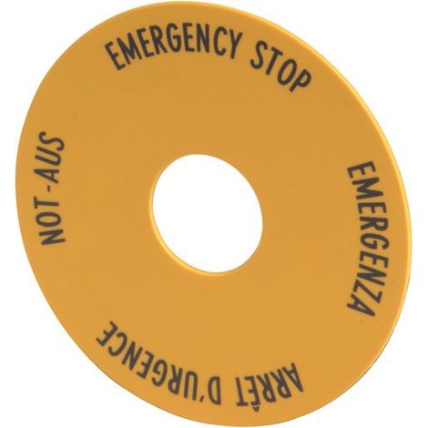 Étiquette arrêt d'urgence jaune D 90mm 4 langues DE EN FR IT EATON M22-XAK1