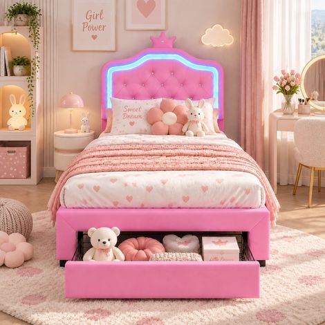 Lit enfant 90 x 200 avec sommier à lattes - PU - Rose - Lit simple avec 1 tiroir - Lit princesse couronne avec éclairage LED - Tête de lit réglable en hauteur (1/5)