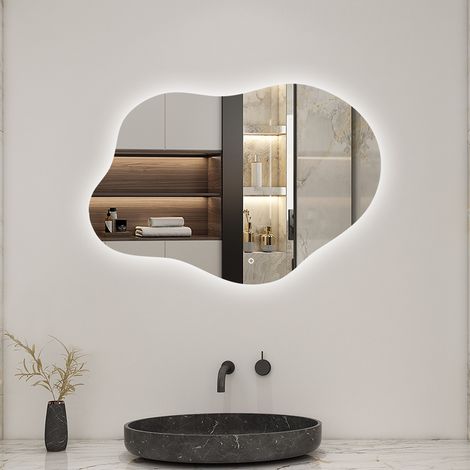 AICA Miroir de salle de bain Asymétrique en Forme de Nuage 80×55cm, Rétro-Éclairage, Design Irrégulier, Tricolore + Dimmable + Anti-buée + Mémoire