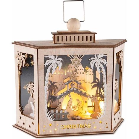 Lanterna in legno 24 cm con presepe intagliato e LED (1/5)
