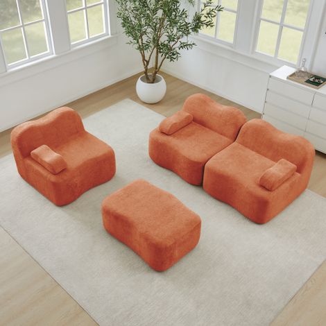 Canapé d'angle modulable 3 places sans armature orange avec 1 pouf, forme ondulée, mousse haute densité 32D, assise profonde et coussins d'accoudoirs mobiles, pour salon (1/4)