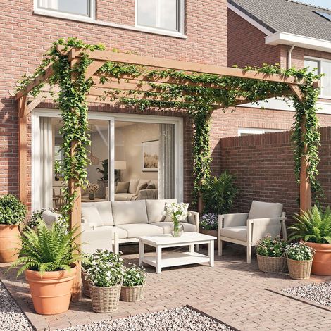 Pergola de Jardin 3x3 m en Bois de Sapin avec Supports Triangulaires et 5 Poutres, Teinte Bois Naturel (1/5)