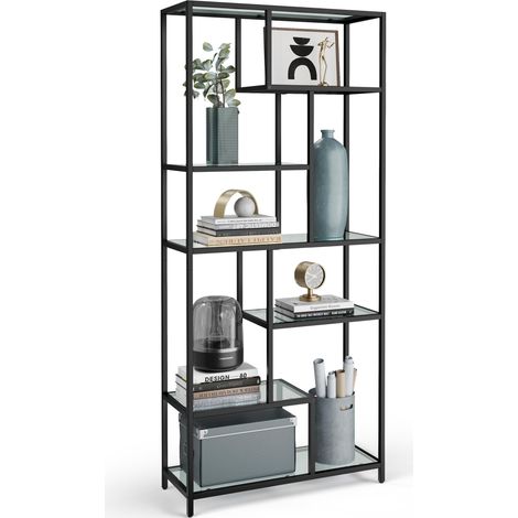Étagère de Rangement, Bibliothèque, 6 Niveaux, Porte-Plantes, 30 x 80 x 180 cm, Verre Trempé, pour Bureau, Salon, Chambre, Cuisine, Noir Pur (1/5)