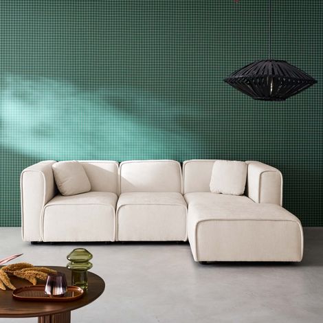 Canapé d'angle droit 3 places tissu 2 coussins carrés L 230 x P 145 x H 70 cm - Lester Tissu Beige (1/5)