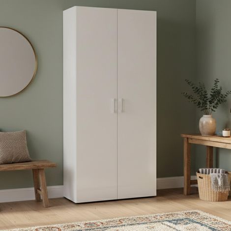 Étagère à chaussures Simone, Armoire polyvalente avec 2 portes et étagères internes, Étagère à chaussures d'entrée, 91x33h190 cm, Blanc brillant (1/5)