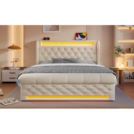 Letto contenitore in velluto beige 140x200 cm con LED, USB e Type-C, rete inclusa e materasso incluso (1/5)