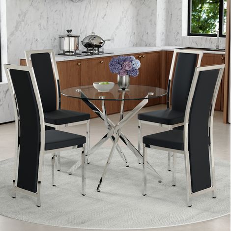 Set tavolo e 4 sedie da pranzo 88x88x75 cm, vetro temperato, sedute ergonomiche, metallo e PU nero argento (1/5)