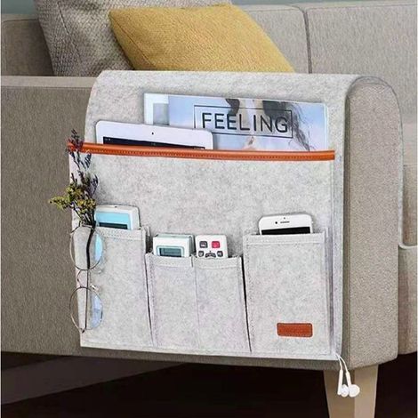 Sac de rangement pour accoudoir de canapé, pochette suspendue en feutre pour télécommande de chevet, gris clair (1/5)