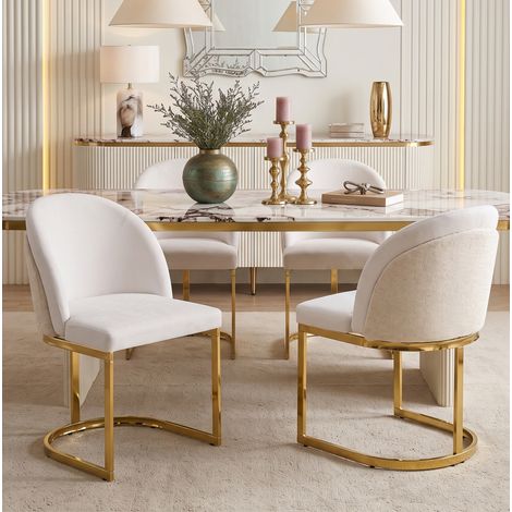 2 chaises de salle à manger en tissu chenille beige, pieds en métal doré, dossier double DESVIAE (1/5)
