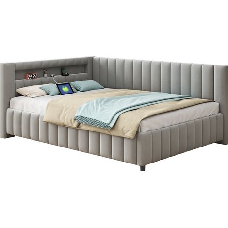 Divano letto in velluto grigio 140x200 cm con LED, USB e rete a doghe (1/5)