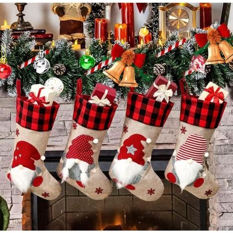 Christmas Stockings - 4 Pieces - Red - Fabric, Wool, Jute - 46x21cm (1/4)