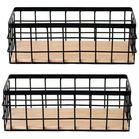 Paquet de 2 Paniers Rangement en MéTal avec Base Bois, DéCoratifs pour le à , Panier Organiser la Petite Vaisselle (1/4)