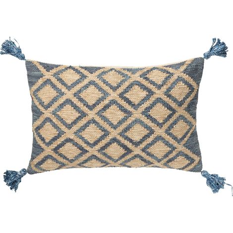 Coussin Déco en Jute "Losanges" 40x60cm Naturel & Bleu (1/2)