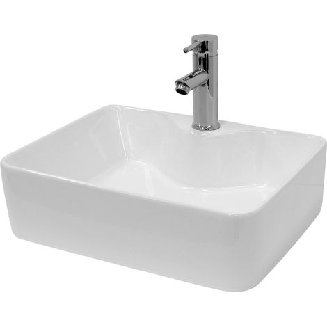 ECD Germany Lavabo de Baño Ø 480 x 380 mm Lavadero de Encimera Material Cerámico Blanco Cuadrado Fregadero de Aseo Cascada Estilo Moderno y Elegante Sanitario Sobremesa Lavamanos con Juego de Drenaje (1/5)