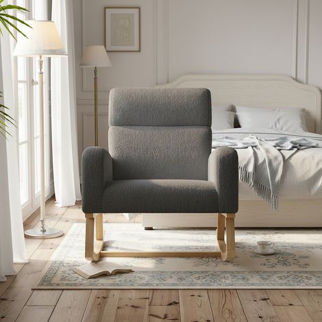 Fauteuil à bascule moderne - pieds bois massif et dos haut, autocollants antidérapants, poches latérales, 78x69x87 cm - gris foncé matière teddy (1/5)