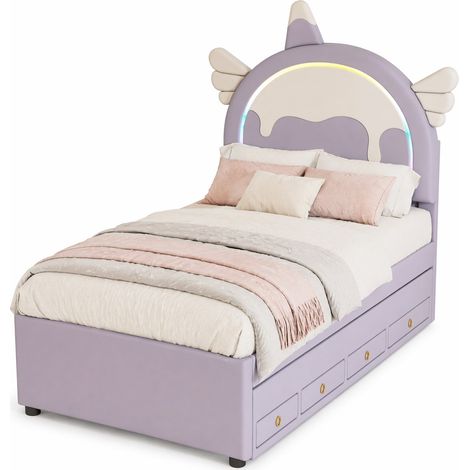 Lit enfant licorne 90x200 cm avec lit gigogne coulissant, cuir régénéré violet, structure MDF, chambre ludique et pratique CHICFURN (1/5)