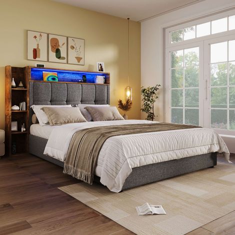 Lit coffre rembourré 90x200 cm avec LED, USB et Type-C, rangement hydraulique, tête de lit matelassée en lin, gris sans matelas (1/5)