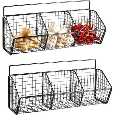 Lot de 2 Panier mural, Métal, 3 compartiments, Acier revêtu, Suspension sans perçage, Cuisine Salle de bain (1/5)
