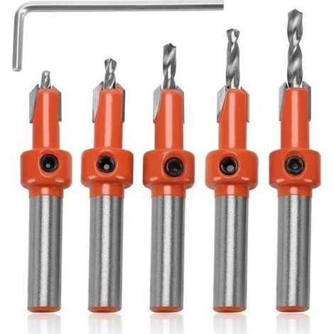 5 Pièces 8mm Foret Chanfrein à Bois Chanfrein Compteur, Forets Fraisés à Chanfreiner pour le Travail du Bois, avec Clé Hexagonale et Vis (1/4)