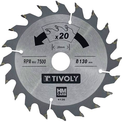 Tivoly • Lame de Scie Circulaire • Ø130mm • 20 Dents en Carbure • Excellente Finition • Pour Scie Portative • Pour Découpe du Bois • Pour Découpe du Plâtre
