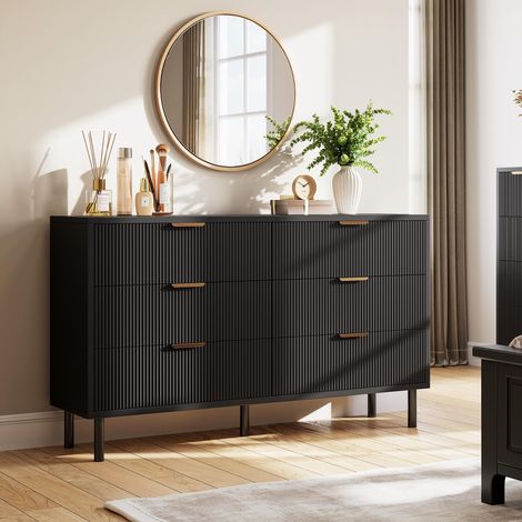 Commode moderne noire 6 tiroirs 40x139x76 cm, lignes ondulées, pieds métal, anti-basculement, rangement pour chambre et entrée (1/5)