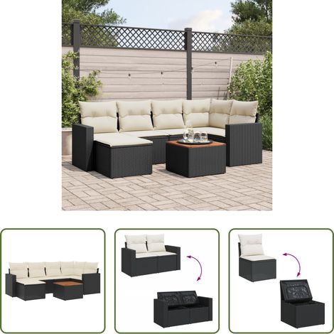 vidaXL Set de comedor de jardín 7 pzas y cojines ratán sintético negro (1/5)