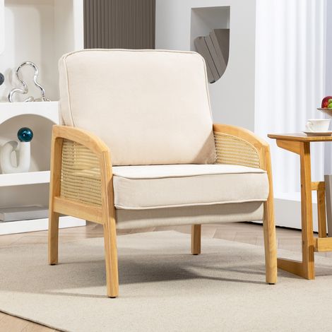 Butaca de Estilo Moderno con Apoyabrazos de Ratán Sintético Asiento de Espuma y Cojín Extraíble 67x75x88 cm Beige (1/5)