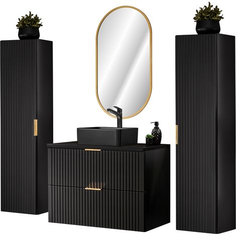 Badezimmer komplett Set, mit 2 Hochschränken, Keramik Waschbecken und ovalem LED Spiegel, schwarz matt gerillt, ADELAIDE-56-BLACK, B/H/T ca. 180/200/46,5 cm (1/5)