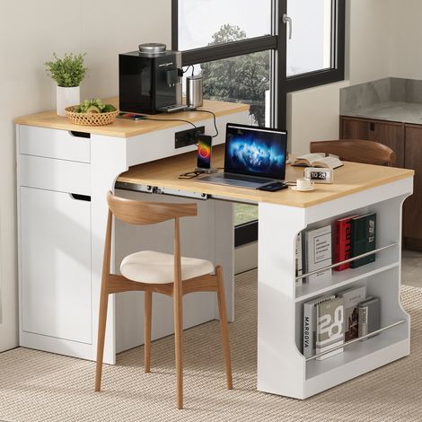 Kücheninsel mit Ausziehtisch, Steckdosen und 2 Schubladen, Weiß OKMYHOME (1/5)