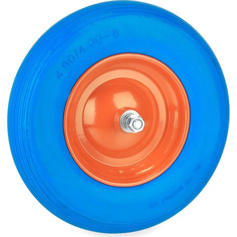 Relaxdays Rueda Carretilla Recambio, 4.80 4.00-8, con Eje, Antipinchazos, Hasta 120 kg, Llanta Acero, Azul y Naranja