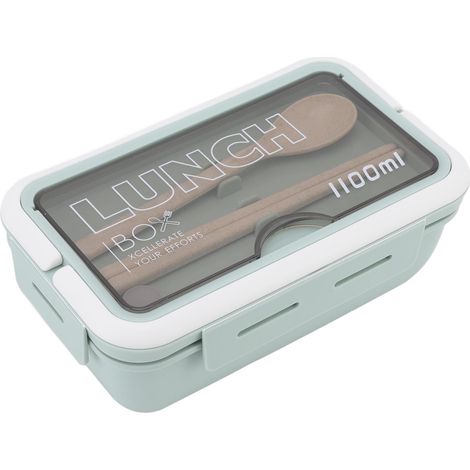 Boîte à lunch compartimentée à 2 compartiments, 1100 ml, style bento pour adultes, avec cuillère et baguettes, idéale pour le bureau et l'école (vert). (1/5)