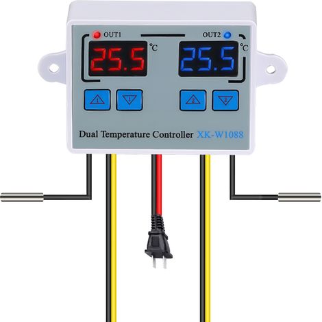 Contrôleur de température numérique double 12 V, thermostat LED Celsius avec sondes étanches pour chauffage, refroidissement et aquarium. (1/5)