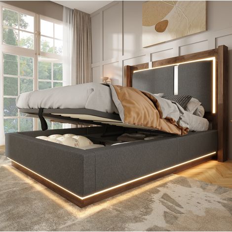 MEUBLIV Cama 90x200 cm gris con LED, arcón de almacenaje y somier de láminas, sin colchón (1/5)