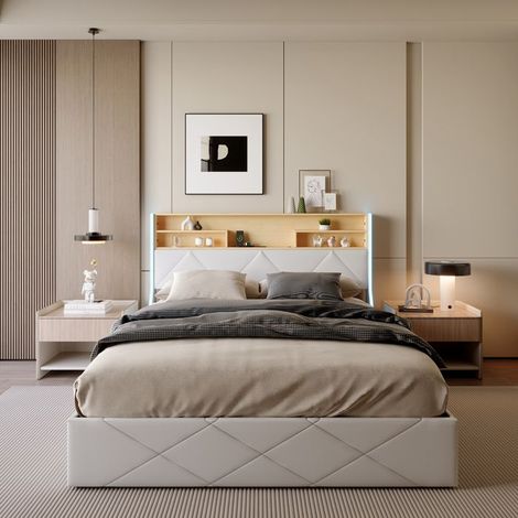 Cama Doble 140x200cm - Cama Cofre Hidráulica - Almacenamiento Oculto - Puertos USB - Tiras LED - Cuero PU Blanco