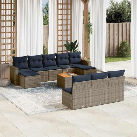 Salon de jardin modulable 11 pièces en résine tressée grise, coussins bleu marine - PANGIVO (1/5)