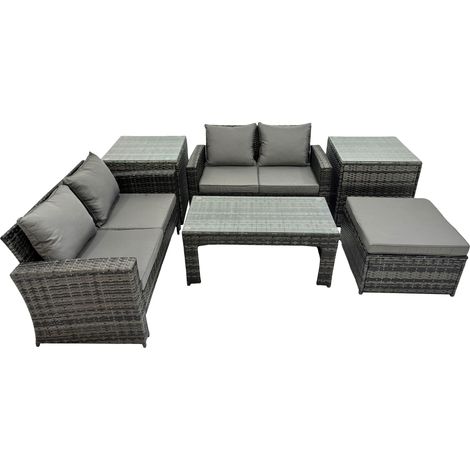 Fimous Outdoor Love Sofa Set 5 Seat Rattan Garden Furniture Set with Oblong Coffee Table Big Footstool 2 Side Table Dark Grey Mixed (1/5)