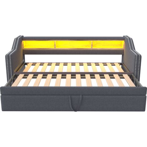 Divano letto estraibile 90/180 x 190 cm in lino grigio scuro con LED, USB e vani MODENUIT (1/5)