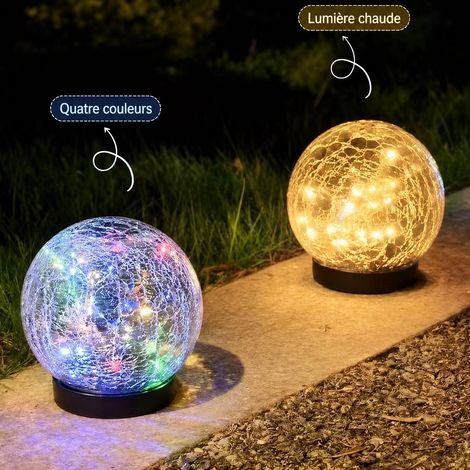 Lampe Solaire Boule Verre Craquelé Jardin 10 cm lumière multicolore 20 LED Extérieur 10 × 9 × 1 cm 400 g – Livraison gratuite