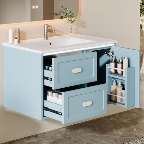Meuble sous vasque 80.5x47.5x51 cm - Lavabo intégré, Éclairage LED capteur, Structure renforcée et Tiroirs fermeture silencieuse - Bleu