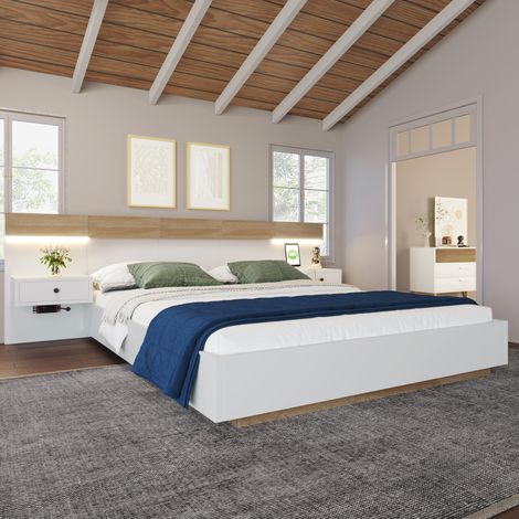 Lit double en bois composite blanc et chêne Sonoma 140x200 cm avec 2 chevets LED amovibles, USB et prise EU (1/5)