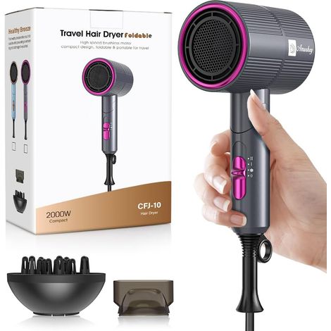 Sèche-cheveux ionique-Flux d'air de 24 m/s/Pliable (env. 250g)110000 tr/min Sèche-cheveux de voyage 2000 W avec Concentrateur (1/5)