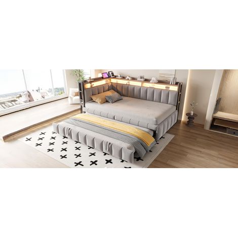 Letto divano imbottito moderno 90x200 cm in tessuto grigio, estraibile con LED, vani portaoggetti, USB e rete a doghe (1/5)