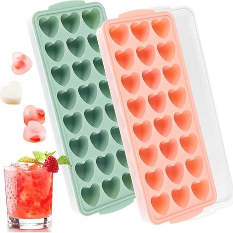 Lot de 2 Bacs à Glaçons en Forme de Coeur Avec Couvercles, Moules à Glaçons en Forme de Coeur, Moule de 24 Trous Glacons, Pour Whisky, Cocktails, Glaces, Fruits, Boissons, Chocolat (1/5)